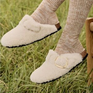 Birkenstock Cream Shearling Mule with Gold Buckle